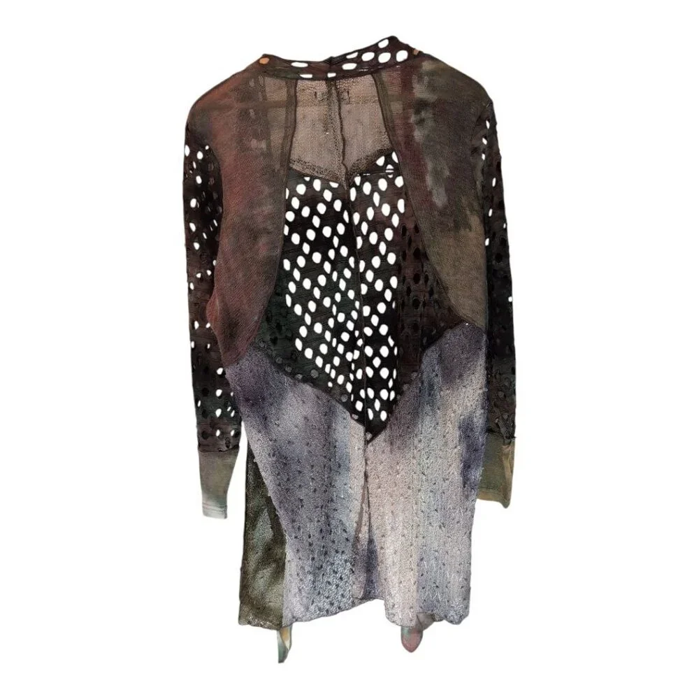 Adore Mesh Knit Cardigan Womens Large Art to Wear Statement Cutout Tie-Dye - Picture 2 of 9